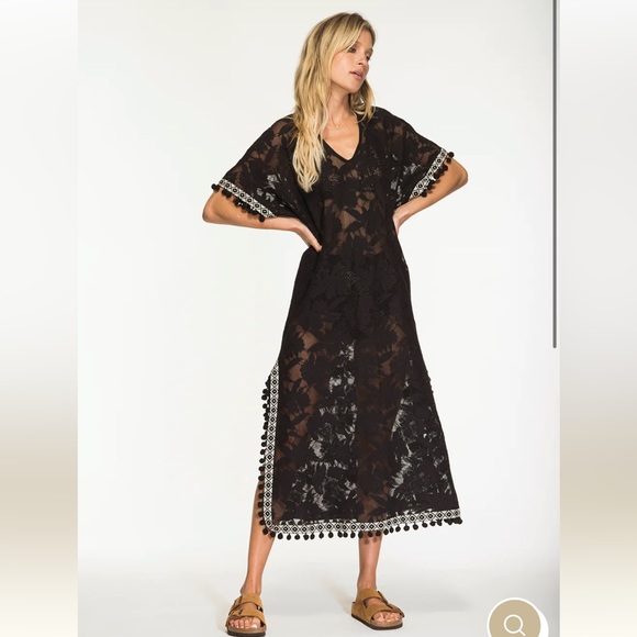 NIGHTCAP Free People *Sun Kissed* black lace kaftan tassel coverup dress XS - Picture 3 of 12